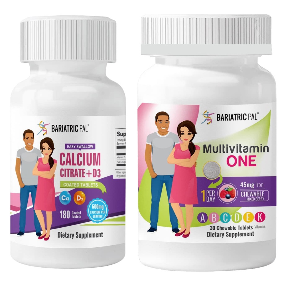 BariatricPal 30-Day Bariatric Vitamin Bundle Multivitamina ONE 1 por día! Chewable con hierro de 45 mg - Cereza mixta y Citrato de calcio de fácil cigarro (600 mg) y tabletas decoradas D3