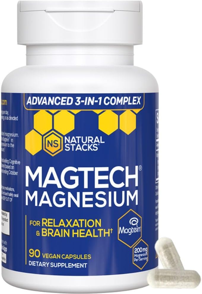 Magnesio Magtein L-Threonate, Glycinate & Taurate – Complejo de Magnesio Chelated de 200 mg – Suplemento de Magnesio MagTech para la Relajación &amp; Salud Cerebro – 90 cápsulas