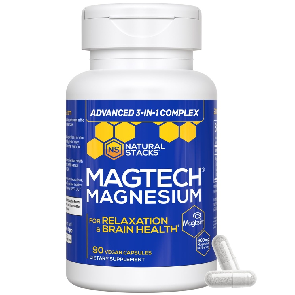 Magnesio Magtein L-Threonate, Glycinate & Taurate – Complejo de Magnesio Chelated de 200 mg – Suplemento de Magnesio MagTech para la Relajación &amp; Salud Cerebro – 90 cápsulas