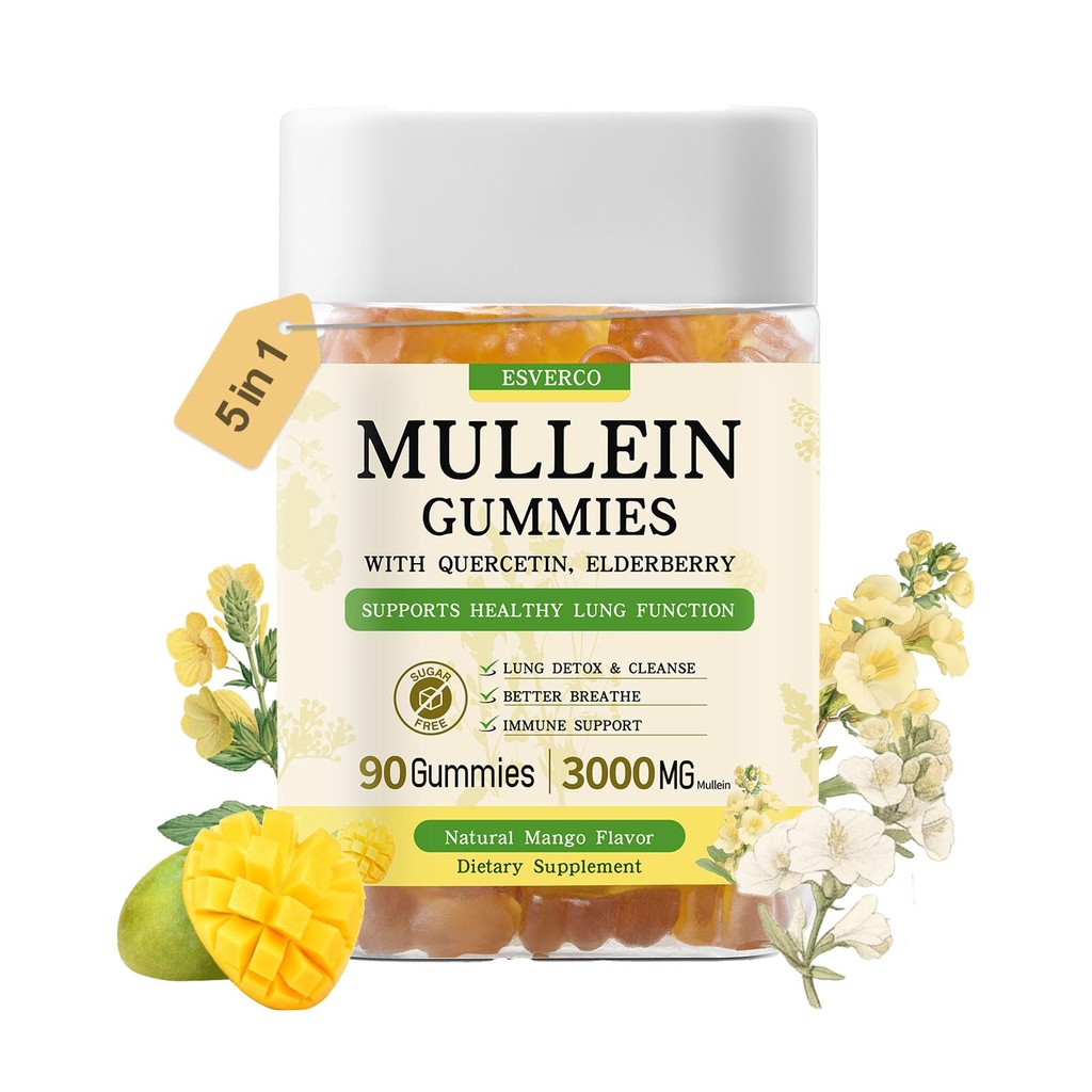Mullein Gummies with 3600mg Mullein Leaf Extract, 7 in 1 for Lung Cleanse,Respiratory Lung Health, Immune Booster, Elderberry, Quercetin, Bromelain, Vitamin C implicaD3, No Sugar, for Adults, Vegan, 90 Count