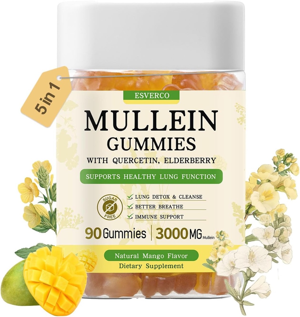 Mullein Gummies with 3600mg Mullein Leaf Extract, 7 in 1 for Lung Cleanse,Respiratory Lung Health, Immune Booster, Elderberry, Quercetin, Bromelain, Vitamin C&D3, No Sugar, for Adults, Vegan, 90 Count