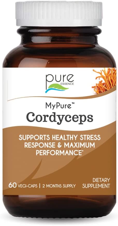 PURE ESSENCE LABS MyPure Cordyceps - Suplemento de Mushroom Orgánica - Extracto de baño 100% real - Lo mejor para el soporte inmunitario, Stress Relief, Build Energy for Adult Men and Women (60 Capsules)