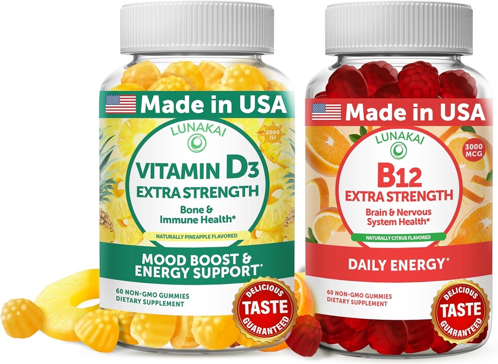 Lunakai Vitamina D3 y Vitamina B12 Gummies Bundle - Immunity, Bone and Mood Support VIT D3 2000IU Suplemento - 3000mcg Methylcobalamin High Absorption Energy Gummy - 30 Days Supply