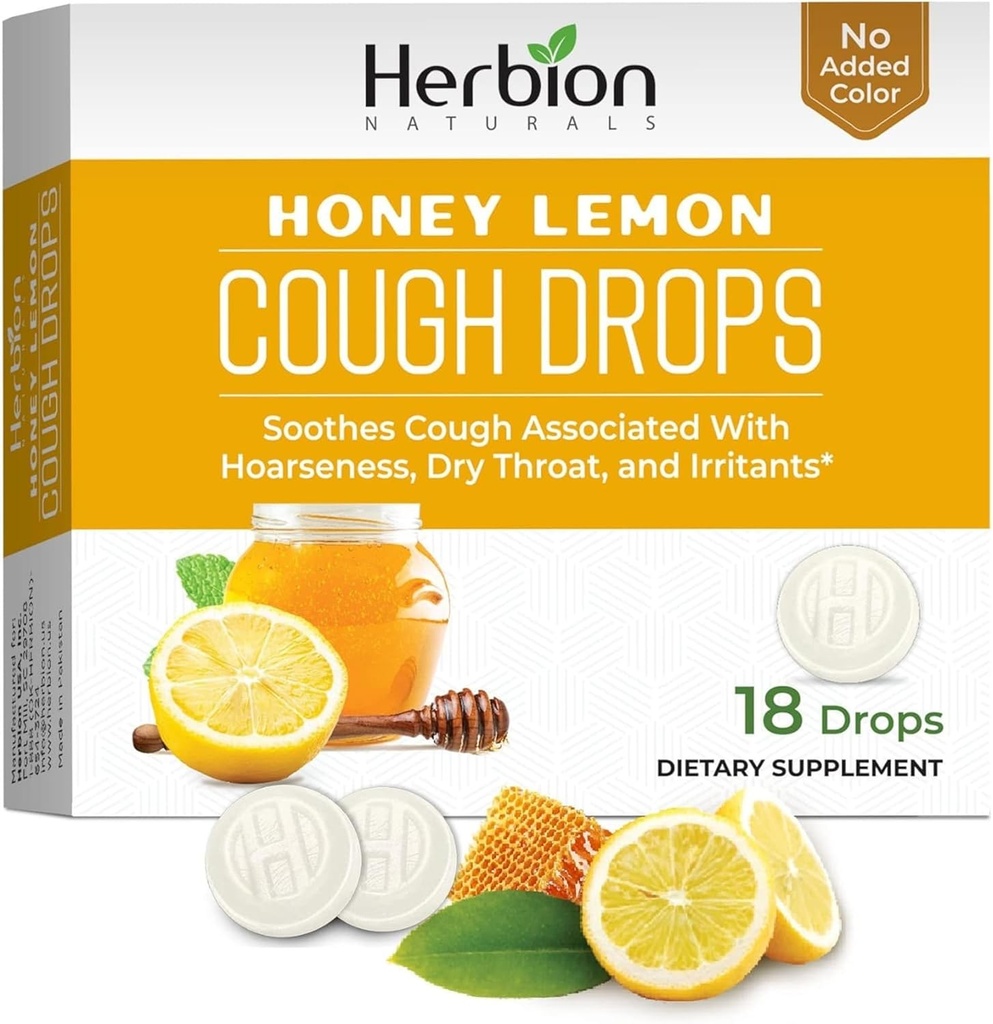 HERBION Naturals Cough Drops, Suplemento dietético, Soothes Cough, para adultos y niños mayores de 6 años, sin sabor artificial, sin color añadido (18 Conde (Pack of 1), Honey Lemon)