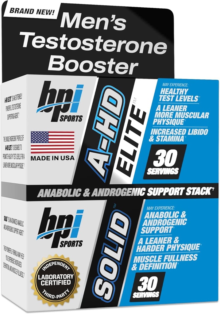BPI Sports A-HD Elite/Solid Testosterone Booster para Hombre - Suplemento de testosterona para Muscle, Fuerza, Libido & Performance Support - Promueve la pérdida de grasa natural – 30 Serviciones – 550mg