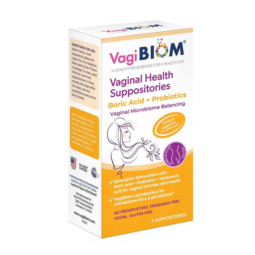 VagiBiom Boric Acid Suppositories with Lactobacillus: Microbiome Flora Balance; Balance and Nourishes Healthy Flora; Paraben-Free Preservative-Free (5count)