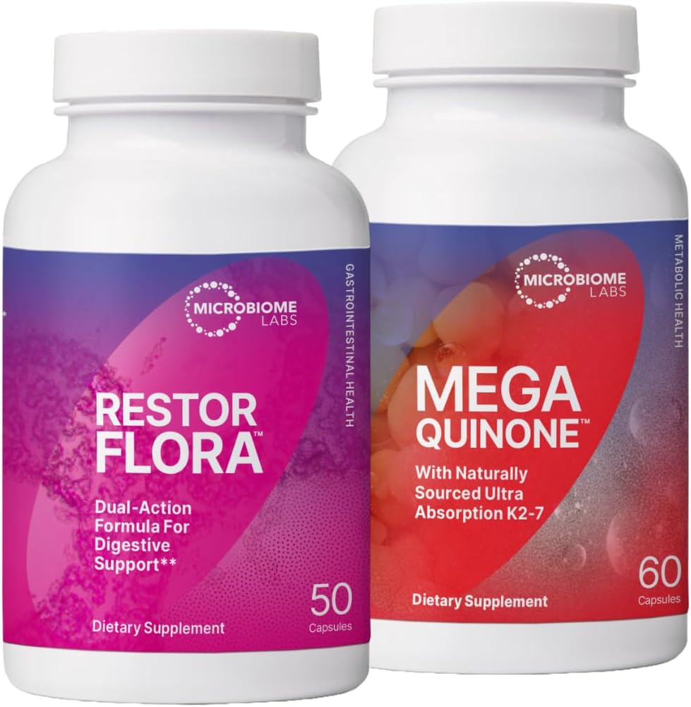 Microbioma Laboratorios RestorFlora Spore &amp; Leeast Probiotics Suplemento (50 Capsules) + MegaQuinone K2-7 Complete Vitamin K Suplemento Vitamina K1 & K2 MK-7 K2 con Magnesium & Zinc (60 cápsulas) - 2 Productos