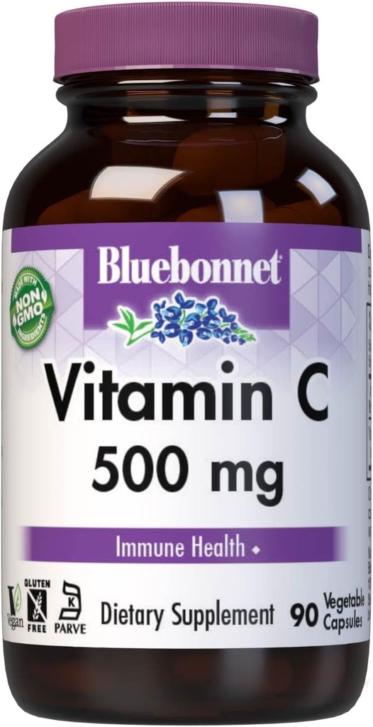 Bluebonnet Nutrition Vitamina C 500 mg Cápsulas vegetales, ácido ascórbico, para la salud inmune y la salud de la piel, vegano, vegetariano, no GMO, libre de gluten, libre de soja, libre de leche, Kosher, 90 cápsulas vegetales