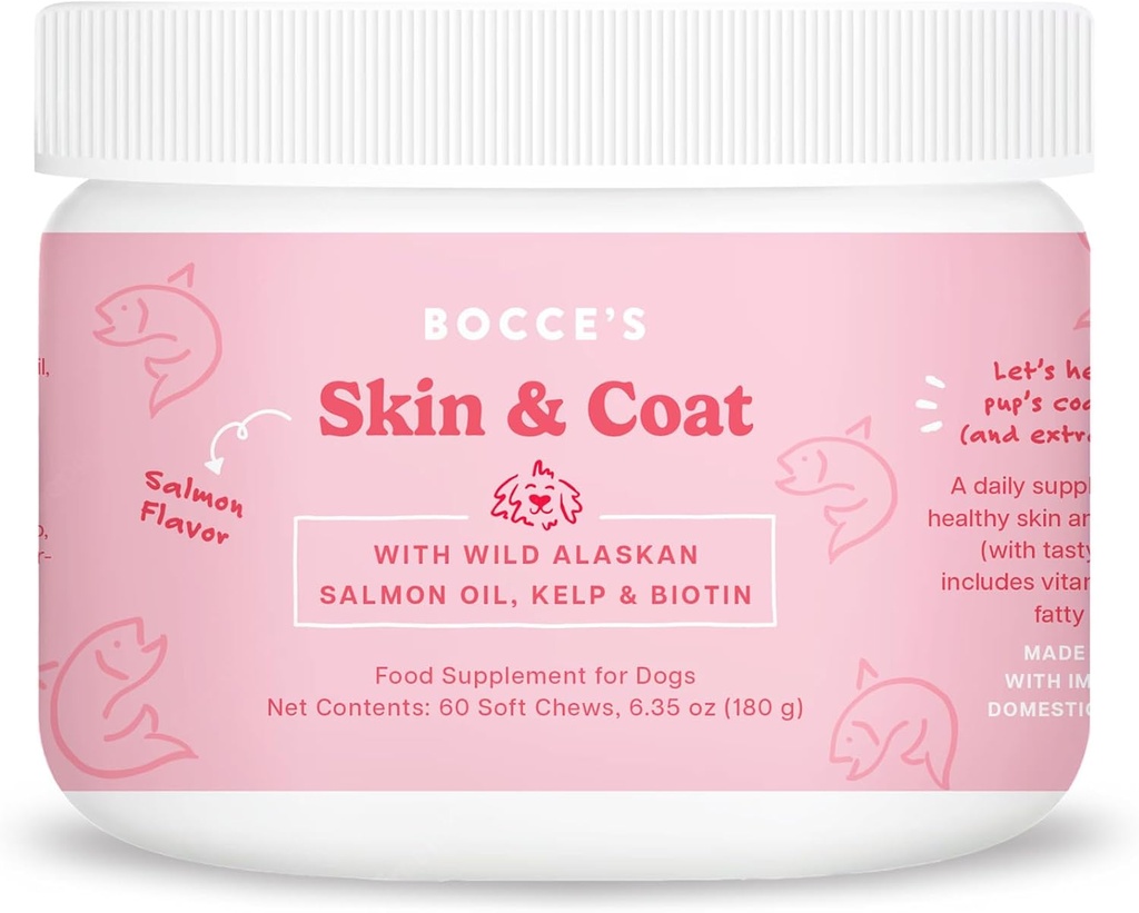 Bocce's Bakery Skin &amp; Coat Supplement for Dogs, Daily Chews Made in The USA with Vitamin E &amp; Essential Fatty Acids, Supports Healthy Skin & Coat, Salmon, 60 ct, Red (DG-SP-SKIN60)
