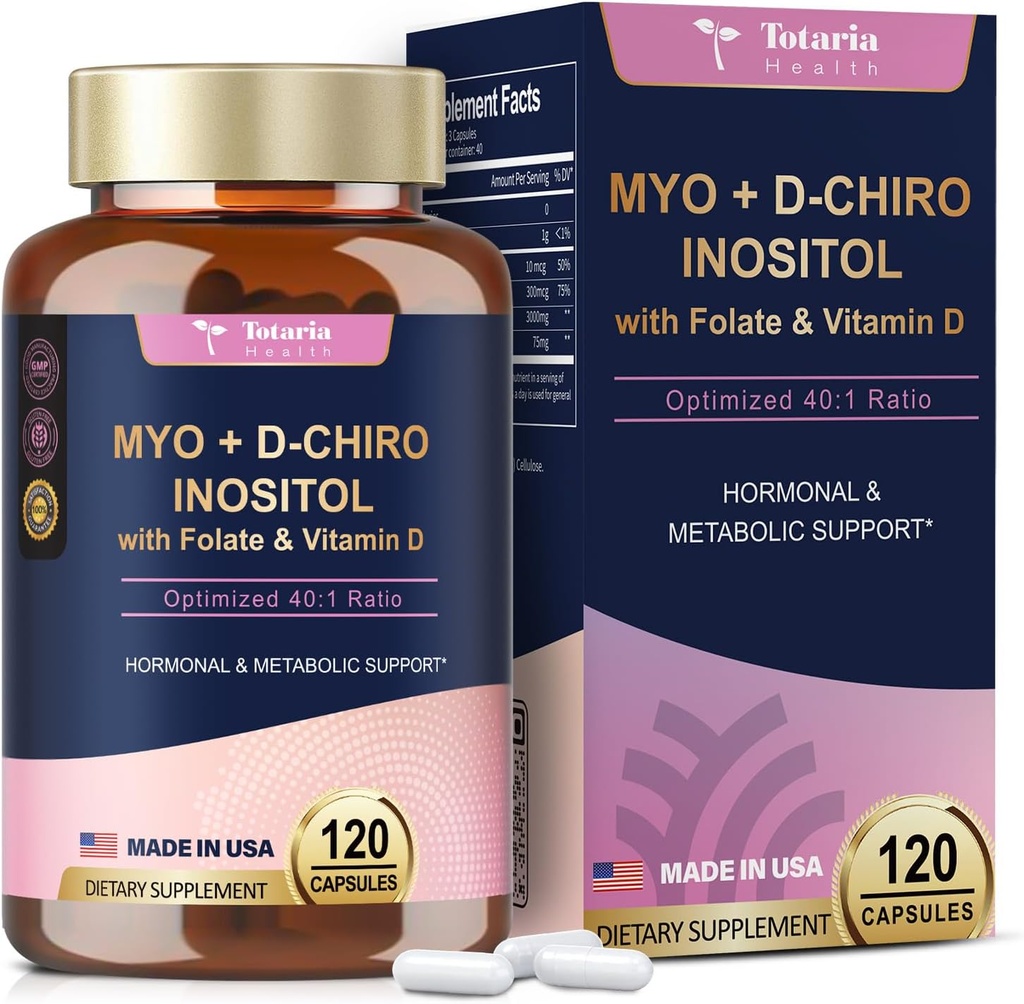 Totaria Inositol Suplemento - 3075mg Myo-Inositol & D-Chiro Capules Inositol Plus Vitamina D3, Folate, Ideal 40:1 Ratio - Saldo hormonal para mujeres " Ovarian* Soporte Silencio Vegan, No GMO - 120 Caps