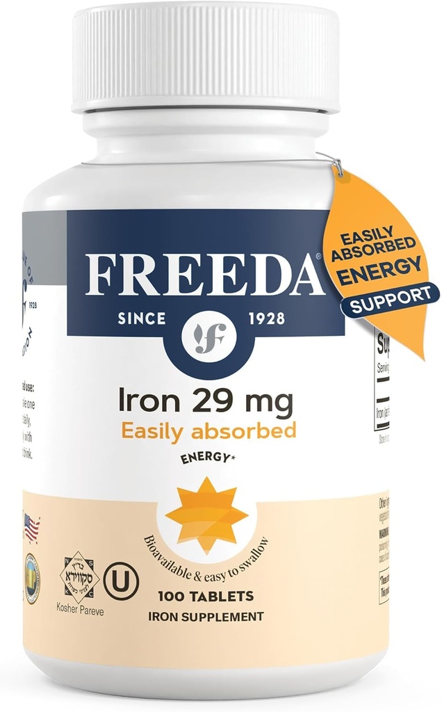 Freeda Ferrous Fumarate – Gentle Iron Tablets for Energy & Red Blood Cell Support, Kosher, Vegan, Easy-to-Swallow, Ideal para Hombres Mujer (100 Tablets)