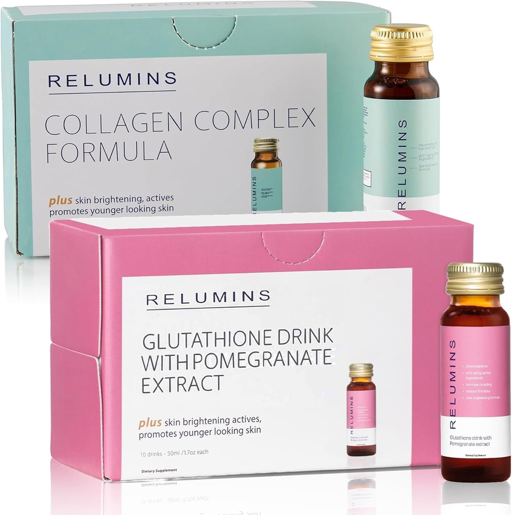 Relumins Advance Rejuvenating Collagen Beauty Drink – Apple Flavor &amp; Beauty Glutathione Drink – Pomegranate Flavor ¦ Refreshing, Nutrient-Rich Formula for Radiant Skin & Wellness – 1 Box Cada uno