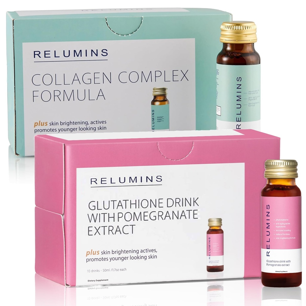 Relumins Advance Rejuvenating Collagen Beauty Drink – Apple Flavor &amp; Beauty Glutathione Drink – Pomegranate Flavor ¦ Refreshing, Nutrient-Rich Formula for Radiant Skin & Wellness – 1 Box Cada uno