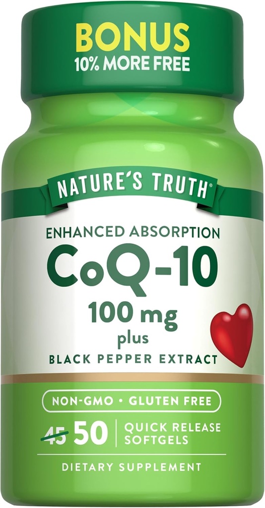 La verdad de la naturaleza CoQ10 100mg TEN 50 Softgels TEN Plus Black Pepper Extract ← Non-GMO y Gluten Free Supplement
