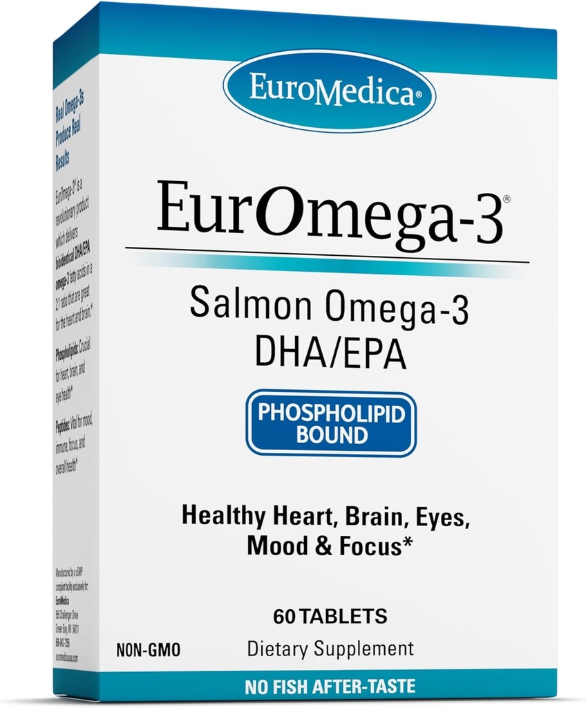 EuroMedica EurOmega-3 - Suplemento dietético con EPA &amp; DHA - Omega-3 Tabletas para el apoyo al cerebro y la salud cardíaca - Suplemento nutricional con ácidos grasos esenciales " Peptides - 60 Tablets