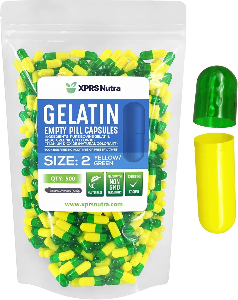 XPRS Nutra Size 2 Empty Capsules - 500 Count Empty Gelatin Capsules - Pills DIY Capsule Filling - Pure Bovine Pill Gel Caps for Do-It-Yourself Supplements (Green/Yellow)