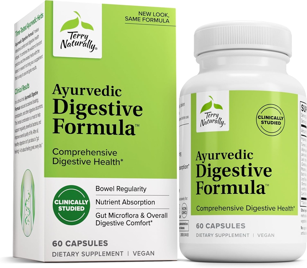 Terry Naturalmente Ayurvedic Digestive Formula - Apoyo Digestivo para la Regularidad - Soporte para Bowel Health - Nutrient Absorption Support - Soporte Gut Health & Gut Microflora - 60 cápsulas