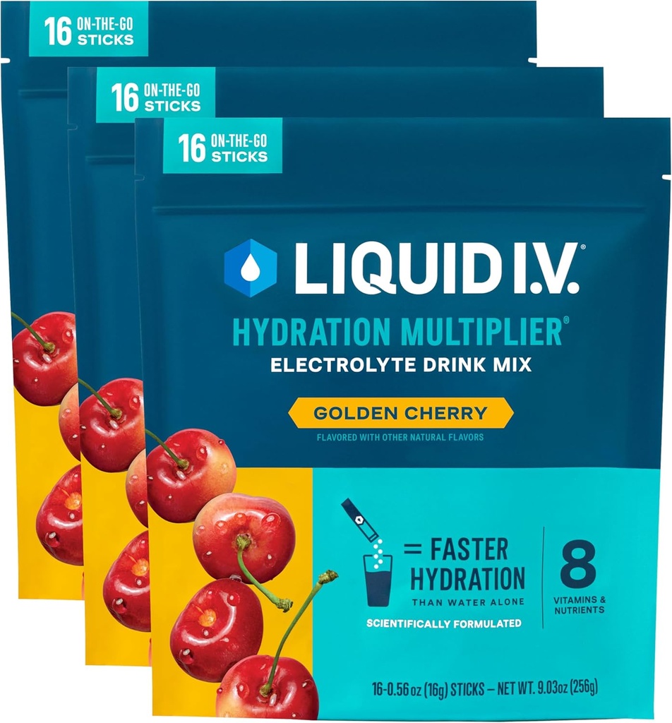 Multiplicador de hidratación I.V.® Líquido - Cereza Dorada ← Electrolyte Powder Drink Mix Silencio 3 Pack (48 Servings)