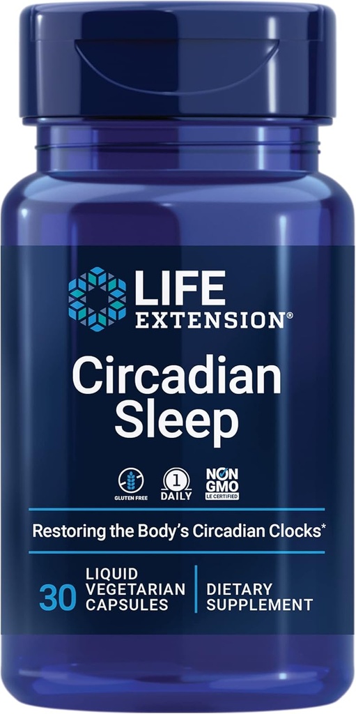 Extensión de vida Circadian Sleep, nobiletin Citrus Extract, Sleep Support, Sleep Health, Restore Your Body's Sleep-Wake Cycle, 1.5 mg de melatonina, Gluten Free, Non-GMO, Vegetarian, 30 cápsulas líquidos