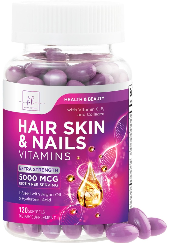 Peluquería, Esquía y uñas Vitaminas para Mujeres - Biotina 5000mcg para apoyar el crecimiento del cabello con aceite de argán, colágeno &amp; ácido hialurónico, hermosa, piel más fuerte, cabello &amp; uñas Suplemento de vitamina - 120 Softgels