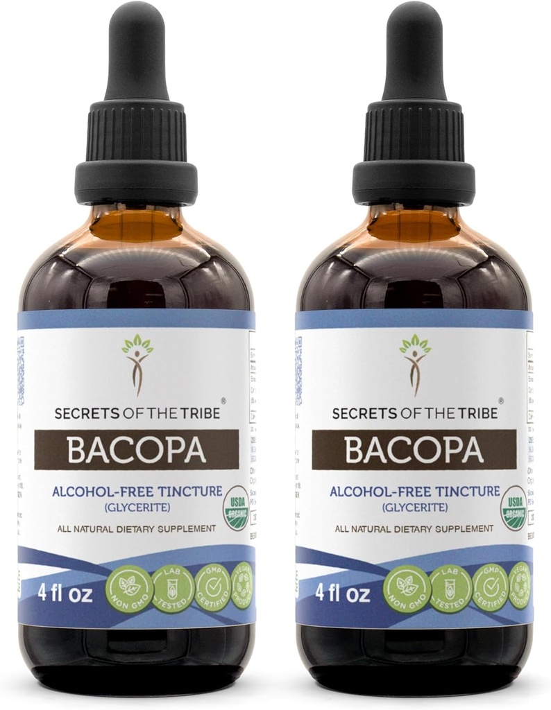 Secretos de la Tribu Bacopa USDA Orgánica ← Extracto sin alcohol, gotas herbales de alta potencia ← Hecho de Bacopa orgánica 100% certificada (Bacopa Monnieri) Herb seco 2x4 oz