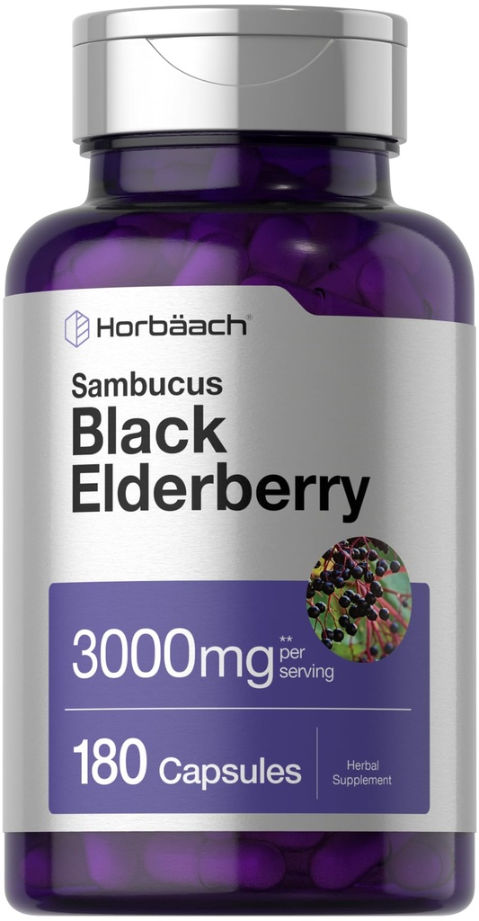 Horbäach Black Elderberry  3000mg Capsules ← 180 Count ← Non-GMO, Gluten Free ← Sambucus Extract Supplement