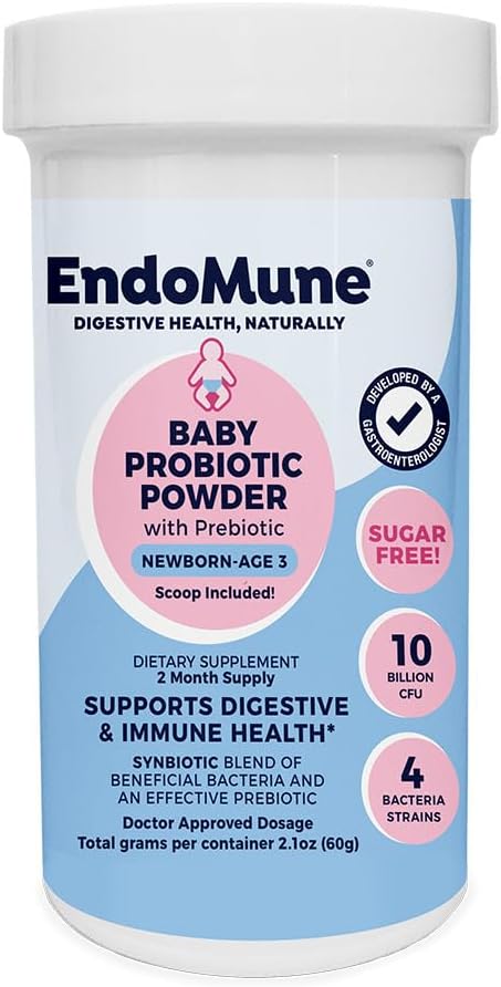Endomune Jr Advanced Probiotic Powder for Newborns, Infants, Toddlers &amp; Baby - 10 Billion CFUs - 4 Strains Bacteria & FOS Prebiotic - Physician Formulated - 60 Day Supply