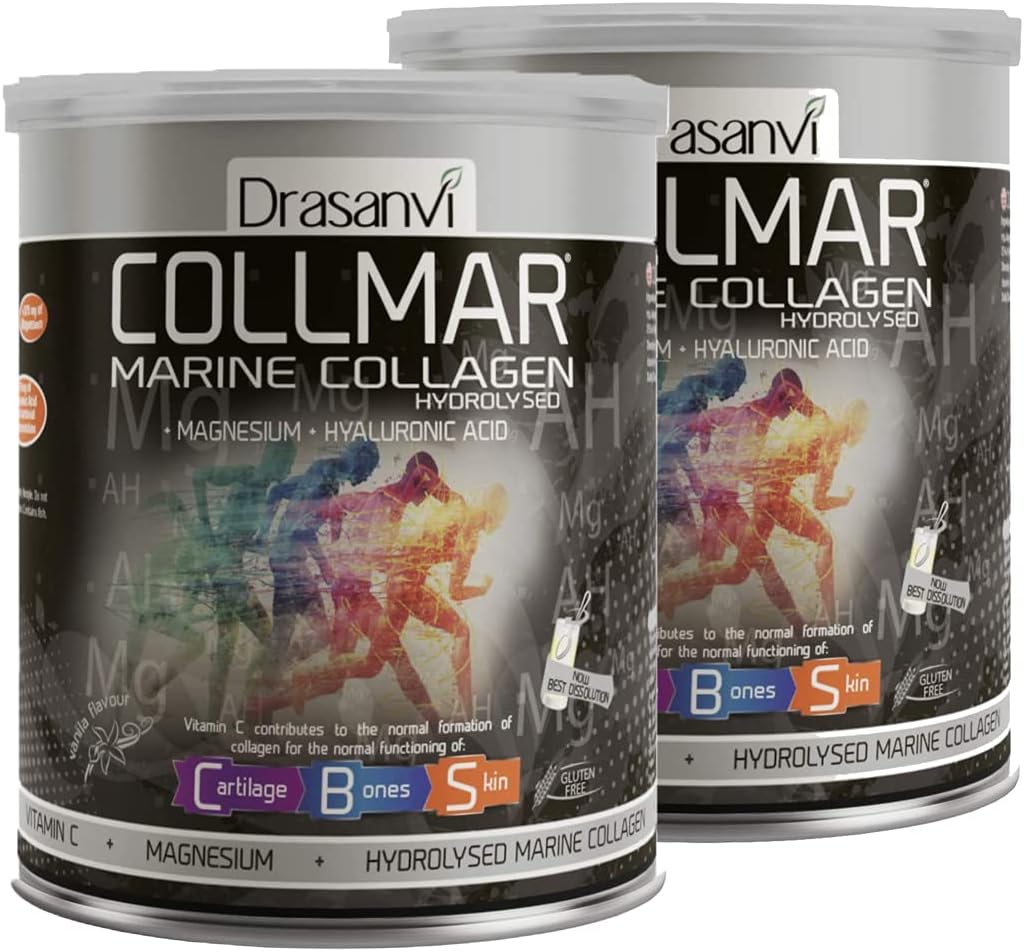 Drasanvi 2 Pack Collmar Collagen marino hidrolizado con pólvora de magnesio 300g Vanilla Flavor - Suplementos Españoles para un cartílago y huesos de piel saludable - Ayuda a minimizar la fatiga y la fatiga
