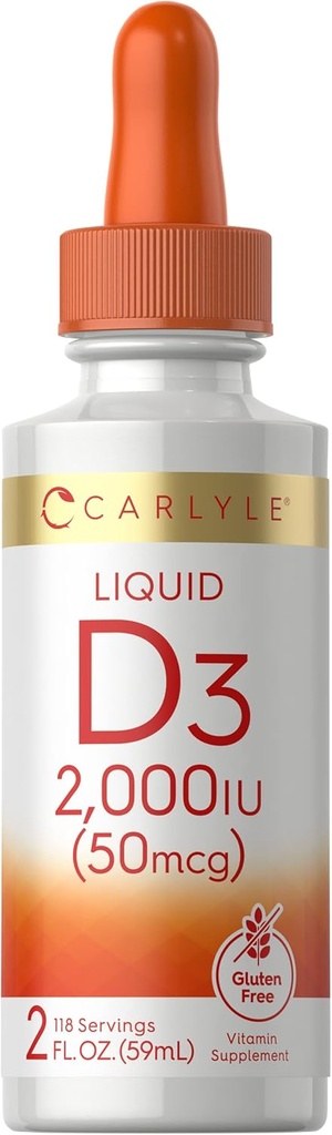 Carlyle Liquid Vitamin D3 | 2000 IU | 2 oz | Vegetarian, Non-GMO, and Gluten Free Formula | 50mcg | Vitamin D Liquid Drops for Adults