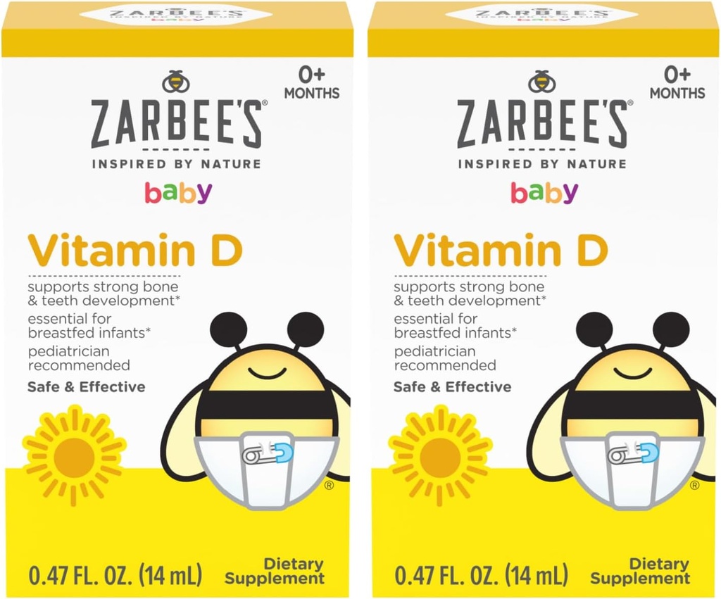Zarbee's Vitamin D Drops for Infants, 400IU (10mcg) Baby &amp; Toddler Liquid Supplement, Newborn &amp; Up, Dropper Syringe Included, Pack of 2 0.47 Fl Oz Bottles