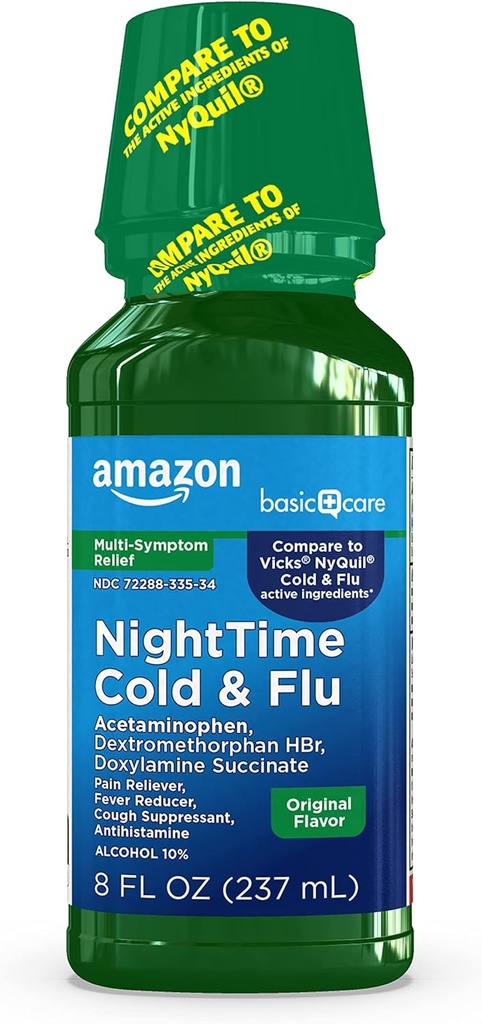 Cuidado básico de la noche frío " Flu Relief, Dolor, Reductor de fiebre, Reductor de tos " líquido antihistamínico, Sabor original, 8 fl oz (Pack of 1)