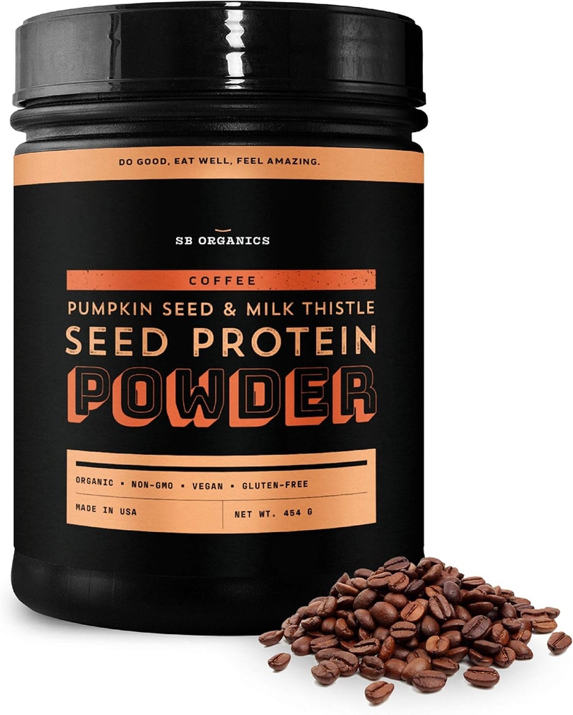 Sun Bay Organics Pumpkin and Milk Thistle Seed Vegan Protein Powder - 1lb Canister - Coffee Plant Based Protein Powder Shake Mix - 13g Protein Blend - Soy, Dairy, Sugar y Gluten Free