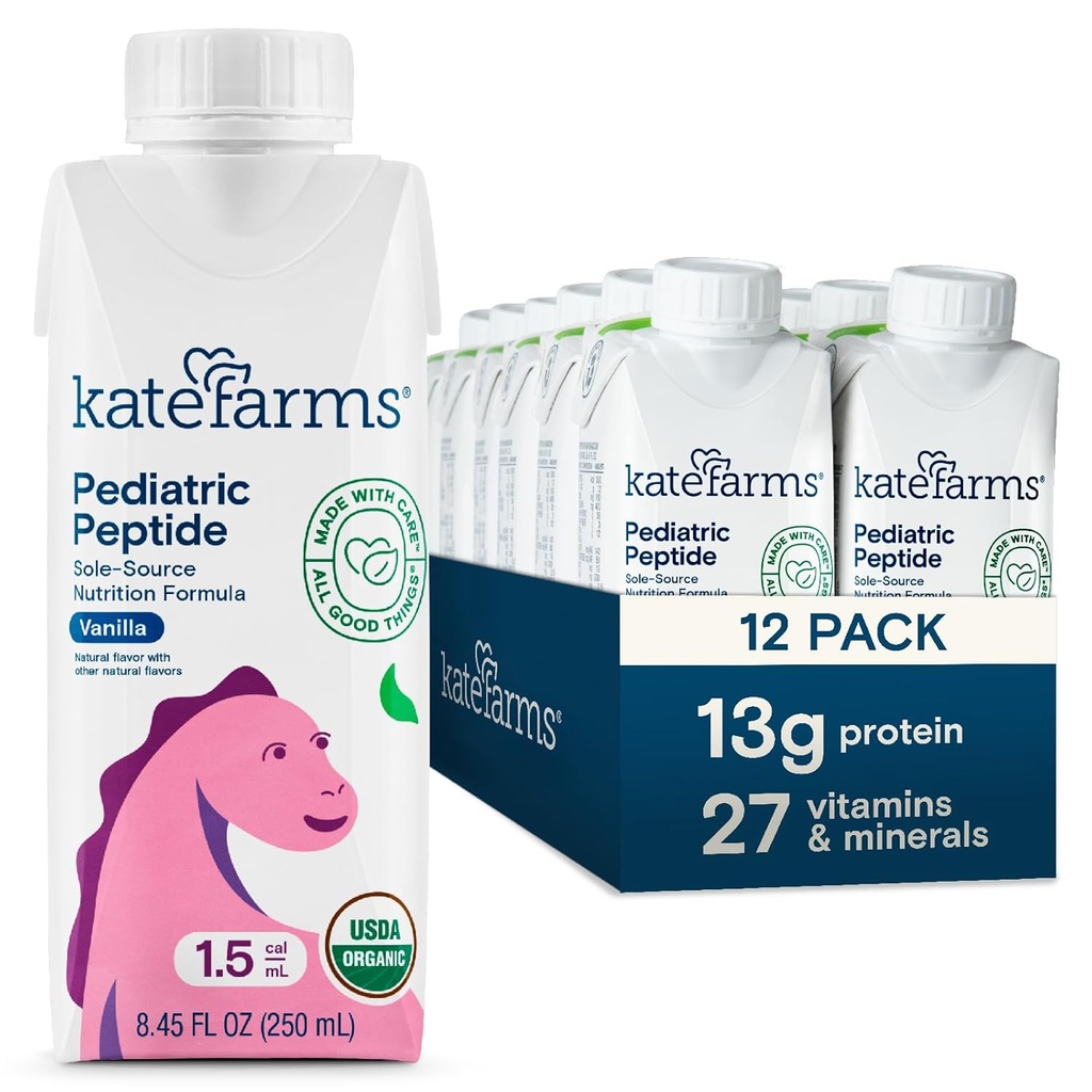 KATE FARMS Organic Pediatric Peptide 1.5 Formula, Vanilla, Sole-Source Hydrolyzed Plant-Based Nutrition for Oral or Tube Feeding, 8.45 oz (12 pack)