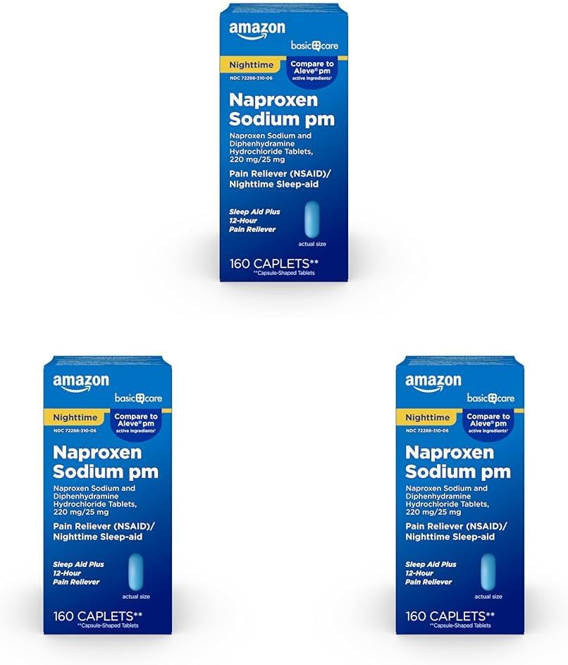   Basic Care All Night Pain Relief PM, Naproxen Sodium, 220 mg/Diphenhydramine Hydrochloride, 25 mg Tablets, Pain Reliever/Nighttime Sleep-Aid, 160 Count (Pack of 3)