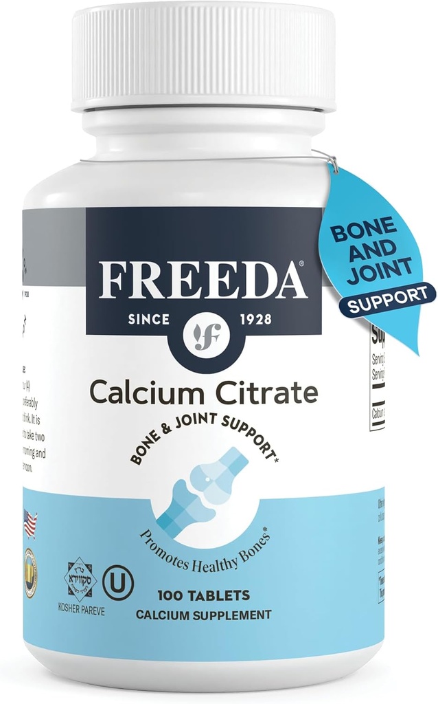 Citrato de calcio Freeda – suplemento de fuerza de hueso vegano Kosher – soporta la densidad de huesos y la función muscular – Calcio 1000 mg por ser – No hay vitamina D agregada – (100 tabletas)