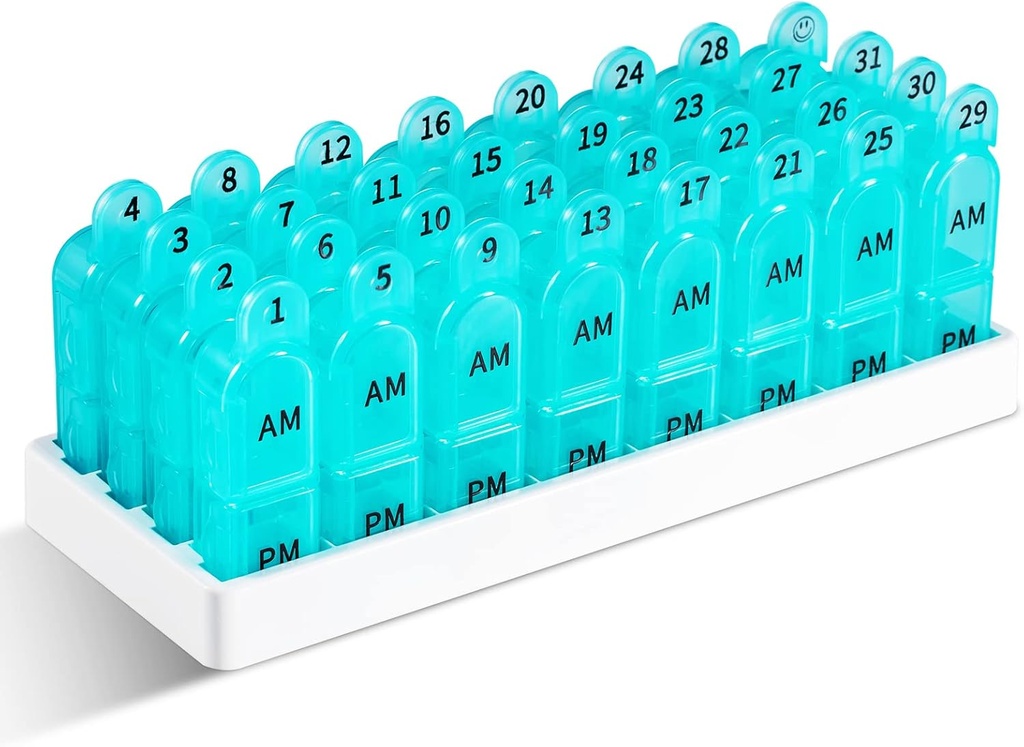 Organizador de píldoras mensuales Daviky 2 veces al día, 30 días caja de píldoras AM PM con contenedor separado, un mes caso de medicina dos veces al día para mantener vitaminas, suplementos y medicamentos (cyan)