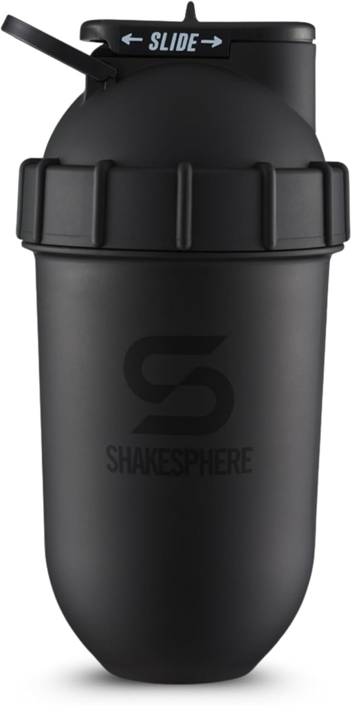 SHAKESPHERE Shaker Bottle - 24oz Leak Proof Protein Shaker Botella para Pre Workout, Smoothie y Powder Drink Mixer, No-Blade Mixer for Gym, BPA-Free, Easy Clean &amp; Easy to Carry (Matte Black)