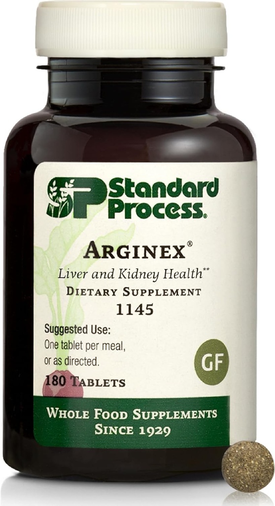 Standard Process Inc. Arginex - Fórmula entera de alimentos para órganos de limpieza corporal - Apoyo al hígado y suplemento de salud del riñón con vitamina A, Flour de avena, hebilla y ácido ascórbico - 180 Tablets