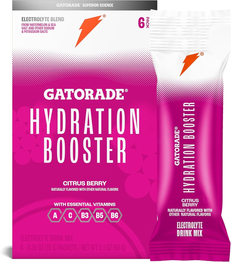 Gatorade Hydration Booster Electrolyte Drink Mix Powder Packets, Citrus Berry, Advanced Electrolyte Blend, No Añadido Colores, No Artificial Sweeteners, Essential Vitamins A, C, B3, B6, Makes 20 Fl Oz, (6 Pack)