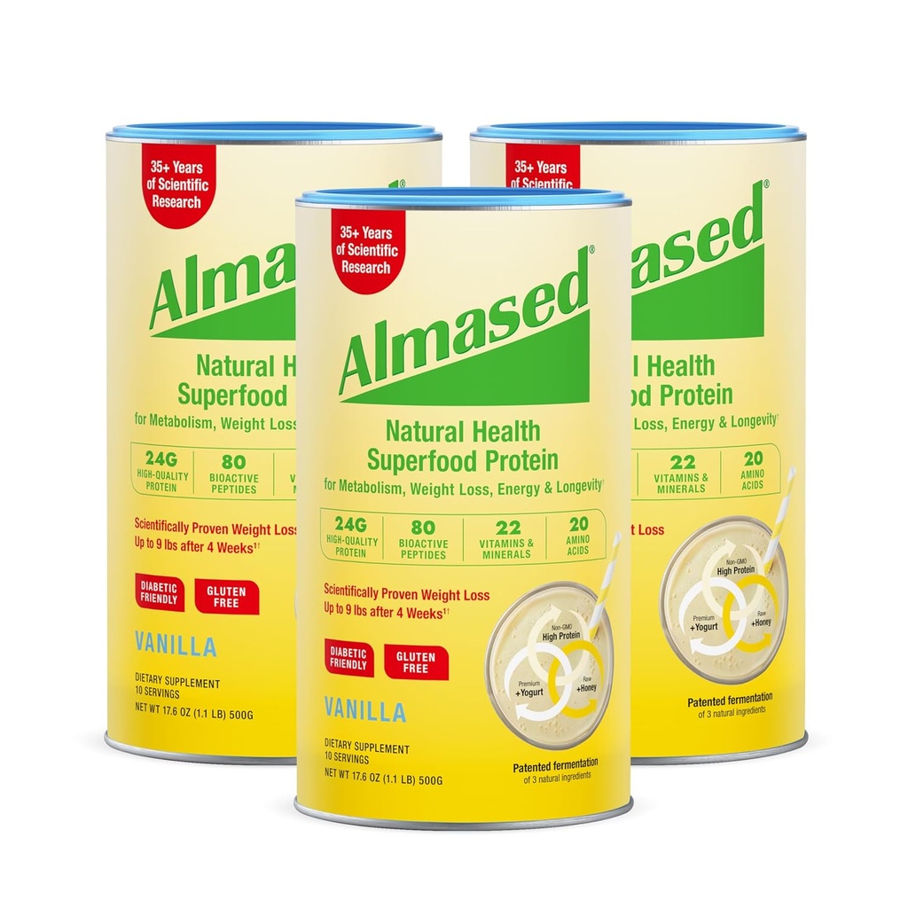 Afeitado de reemplazo de vainilla Almased - Base de planta alta de baja glucémica Proteína Powder- Nutricional Apoyo a la salud de peso Suplemento - Vanilla Flavor - 17.6 oz (1.1 libras (3 Pack)