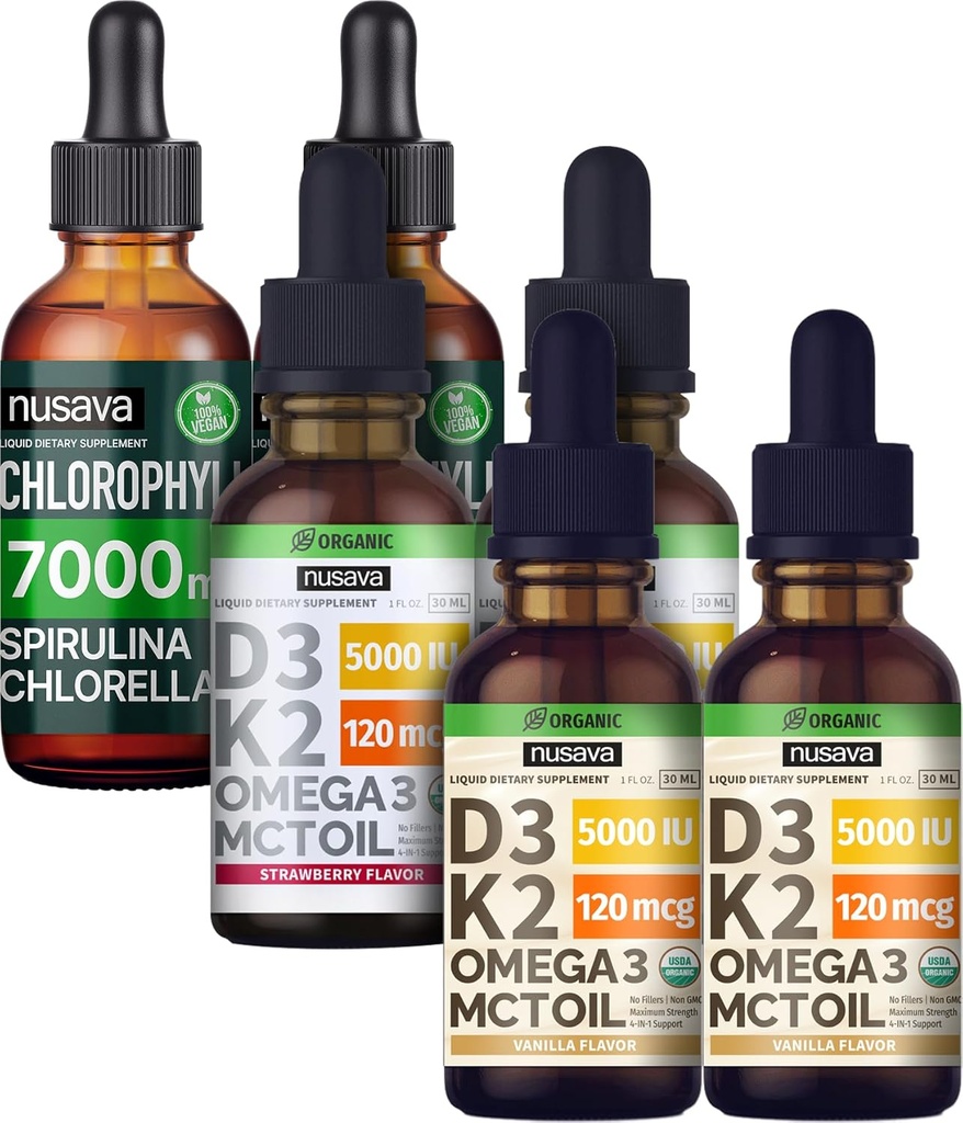 NUSAVA Strawberry Flavored D3 K2 Drops, Vanilla Flavored D3 K2 Drops, & Chlorophyll Liquid Drops Bundle - Potent Liquid Vitamins for Heart, Joint, Energy, & Immune Support - Non-GMO, Gluten-Free, 2pk