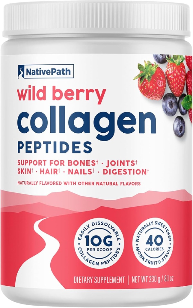 NativePath Collagen Peptides - Hidrolyzed Tipo 1 & 3 Collagen. Keto &amp; Paleo Grass-Fed Protein Powder for Hair, Skin, Nails, Bones, Joints, Digestion and More - No Gluten or Dairy (Wild Berry, 230g)