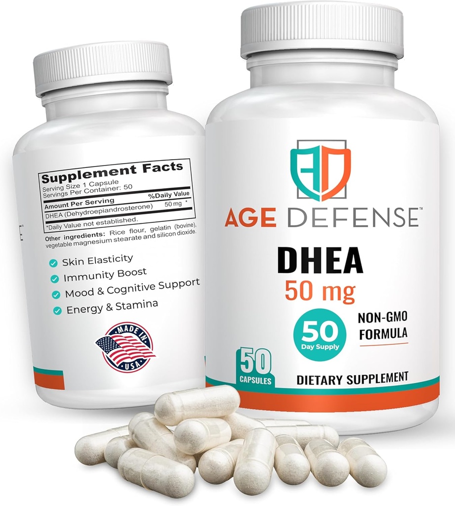 DHEA Capsules - DHEA Suplementos - Apoyo a la Energía Natural &amp; Apoyo Inmunitario - Apoyo Vitalidad, Elasticidad de la piel, &amp; Bienestar general - DHEA Suplemento para Hombres Mujer (50 mg)