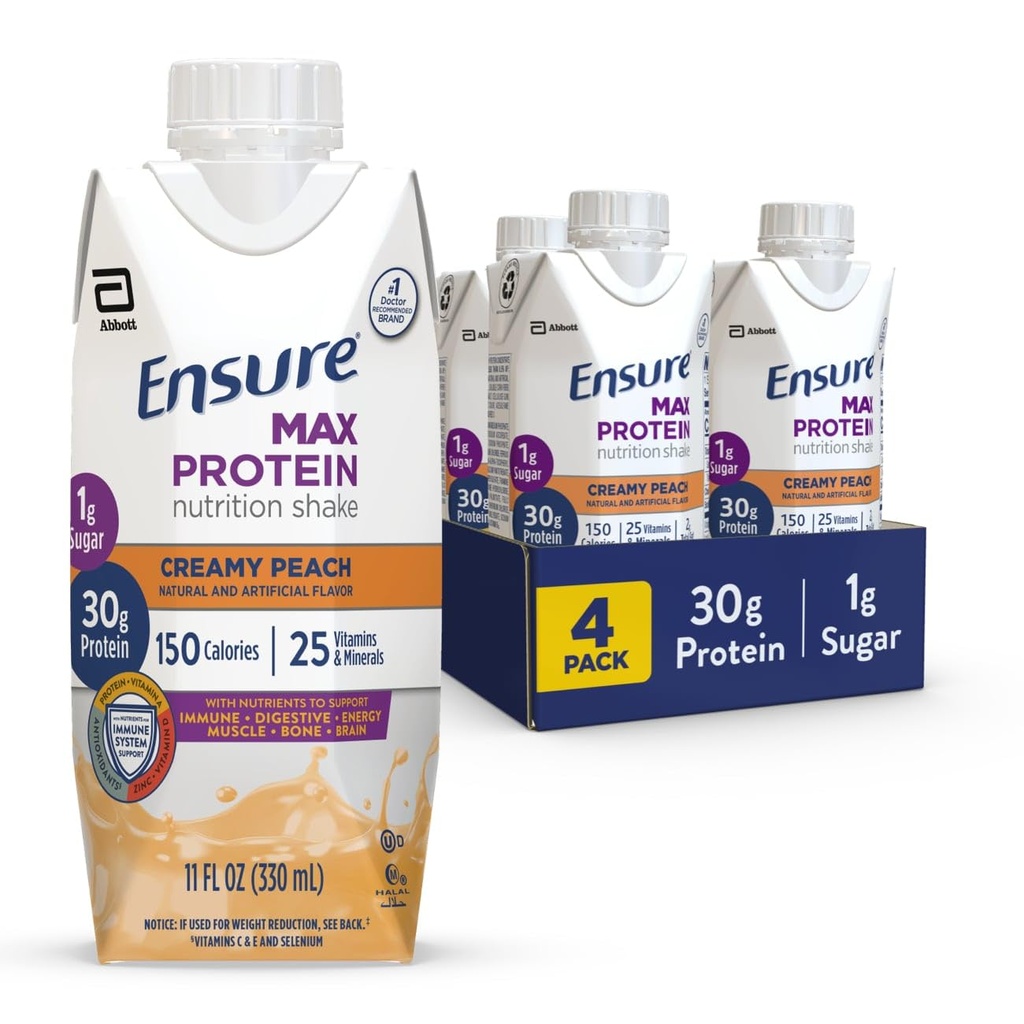 Asegurar Max Protein Creamy Peach Nutrition Shake ← 30g Protein, 1g Sugar, 4g Fiber Blend ← 4 Pack