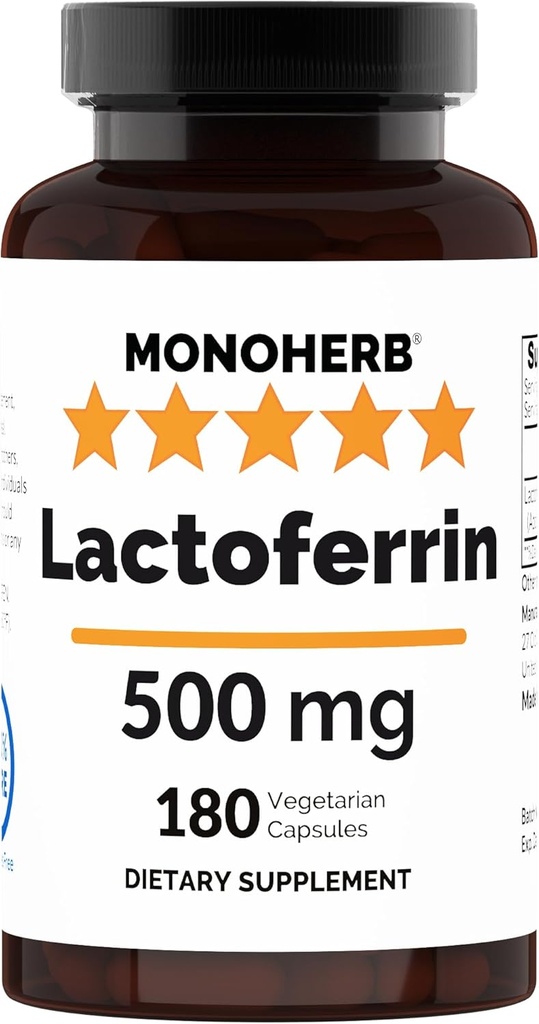 MONOHERB Pure Lactoferrin 500 mg - 180 Veg Capsules - 180 Servings - Aditivos Gratis