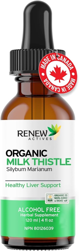 Renew Actives Milk Thistle Liquid Extract 110MG per 2ML – Liver Support Drops for Optimal Health – No Alcohol, Non-GMO, Vegan – apoya la función del hígado y la salud digestiva – Made in Canada – 4 fl oz