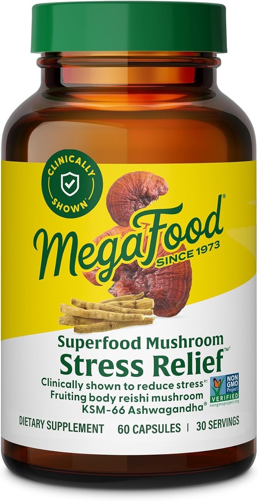 MegaFood Superfood Mushroom Stress Relief - Reishi Mushroom Supplement Clinically Studied to Reduce Stress - Doctor Formulado con Ashwagandha KSM 66 - Vegan, Gluten-Free - 60 cápsulas, 30 servicios