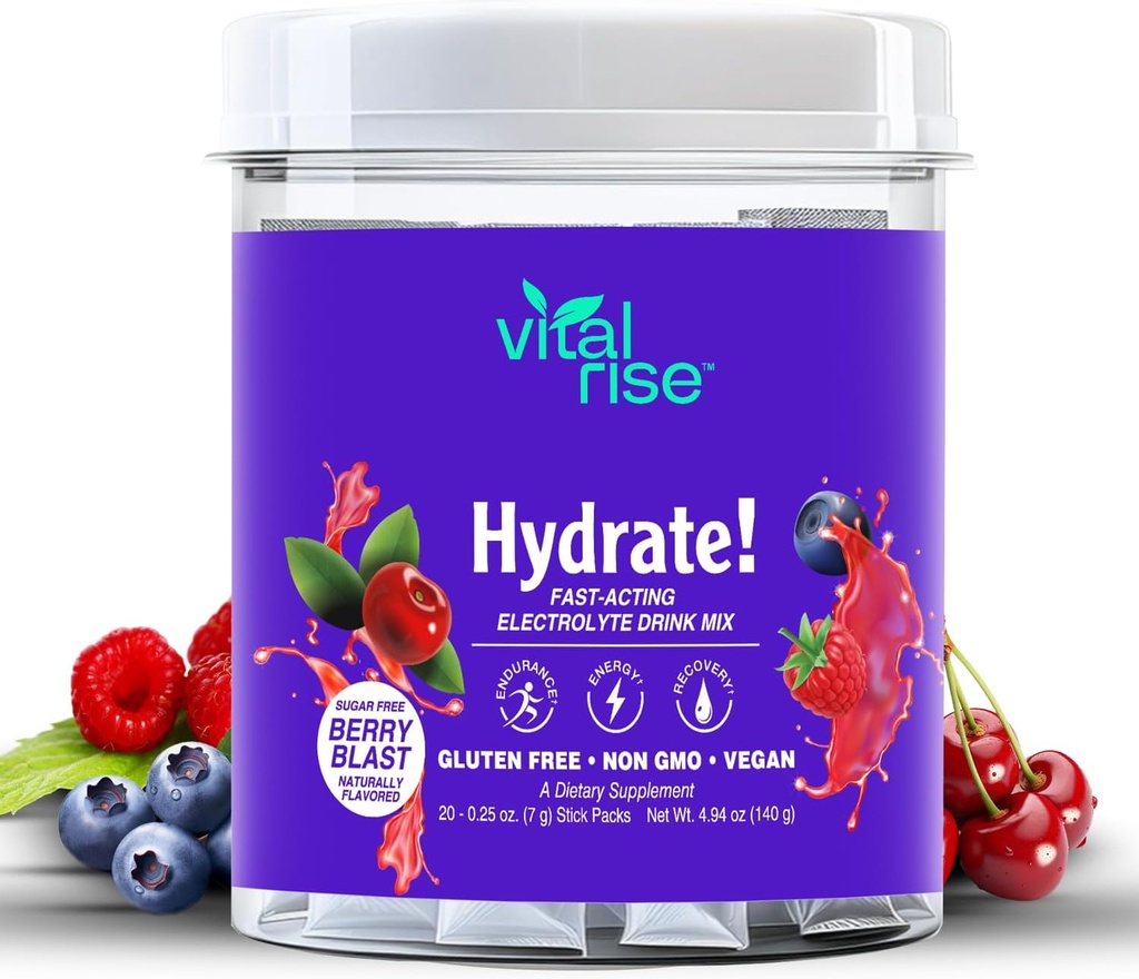 Vital Rise® Hydrate! - Berry Blast - Hydration Powder Packets ← Low Sodium Electrolyte Drink Mix ← Easy Open Single-Serving Stick ← Non-GMO ← 20 Servings (Pack of 1)