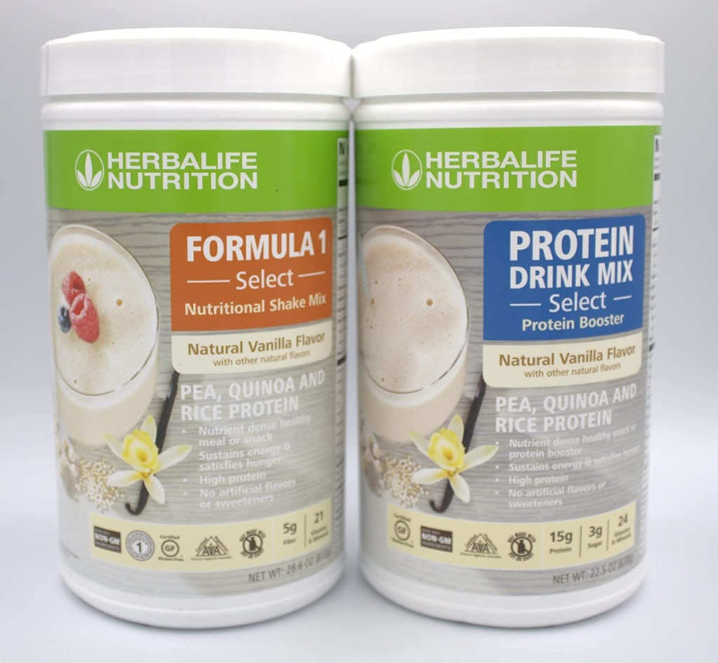Herbalife DUO: Fórmula 1 Seleccione (Natural Vanilla Flavor 810g) y Protein Drink Mix 638g), Nutrient Dense Healthy Meal o Snack, Sin Sweeteners artificiales, Gluten-Free Pack of 2
