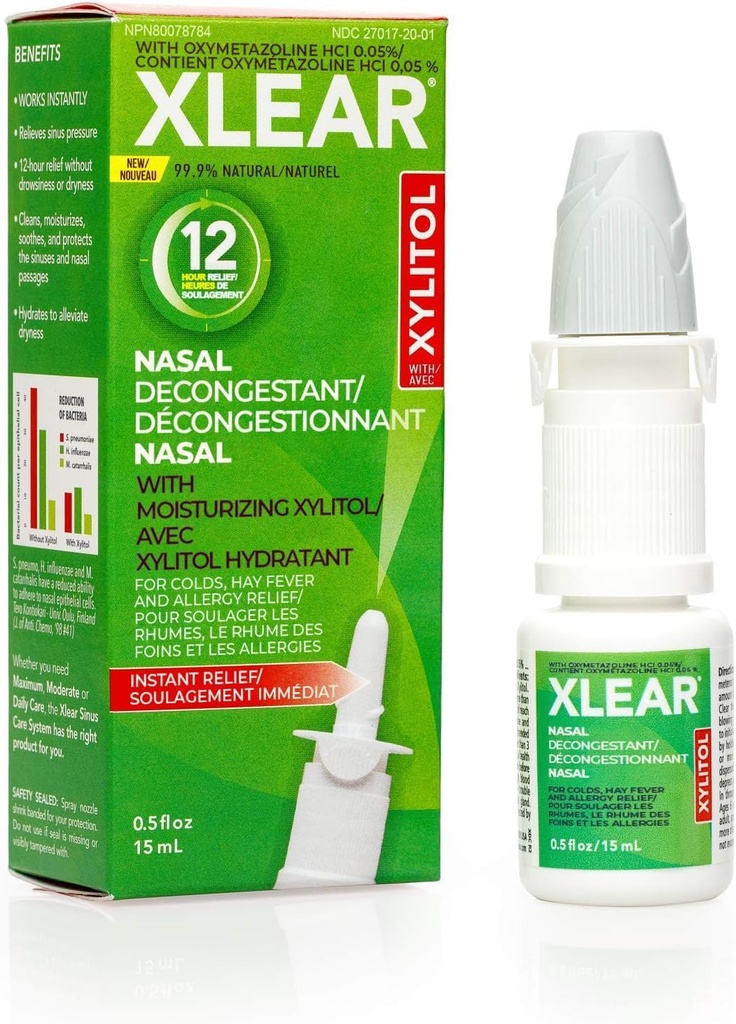 Xlear 12-Hour Nasal Decongestant Spray, Natural Saline Nasal Spray con Xylitol y Oxymetazolina, Instant Sinus Pressure and Congestion Relief for Kids and Adults 0.5 fl oz (Pack of 1)
